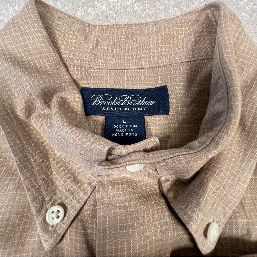 Brooks Brothers Button Down Tan White Grid Check Cotton Dress Shirt Men's Large - Picture 2 of 10
